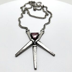 Janis Savitt, Long Silver Crossed Swords Pendant Necklace With Purple Stone
